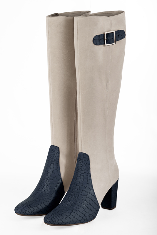 Navy blue and off white women's knee-high boots with buckles. Round toe. High block heels. Made to measure. Front view - Florence KOOIJMAN